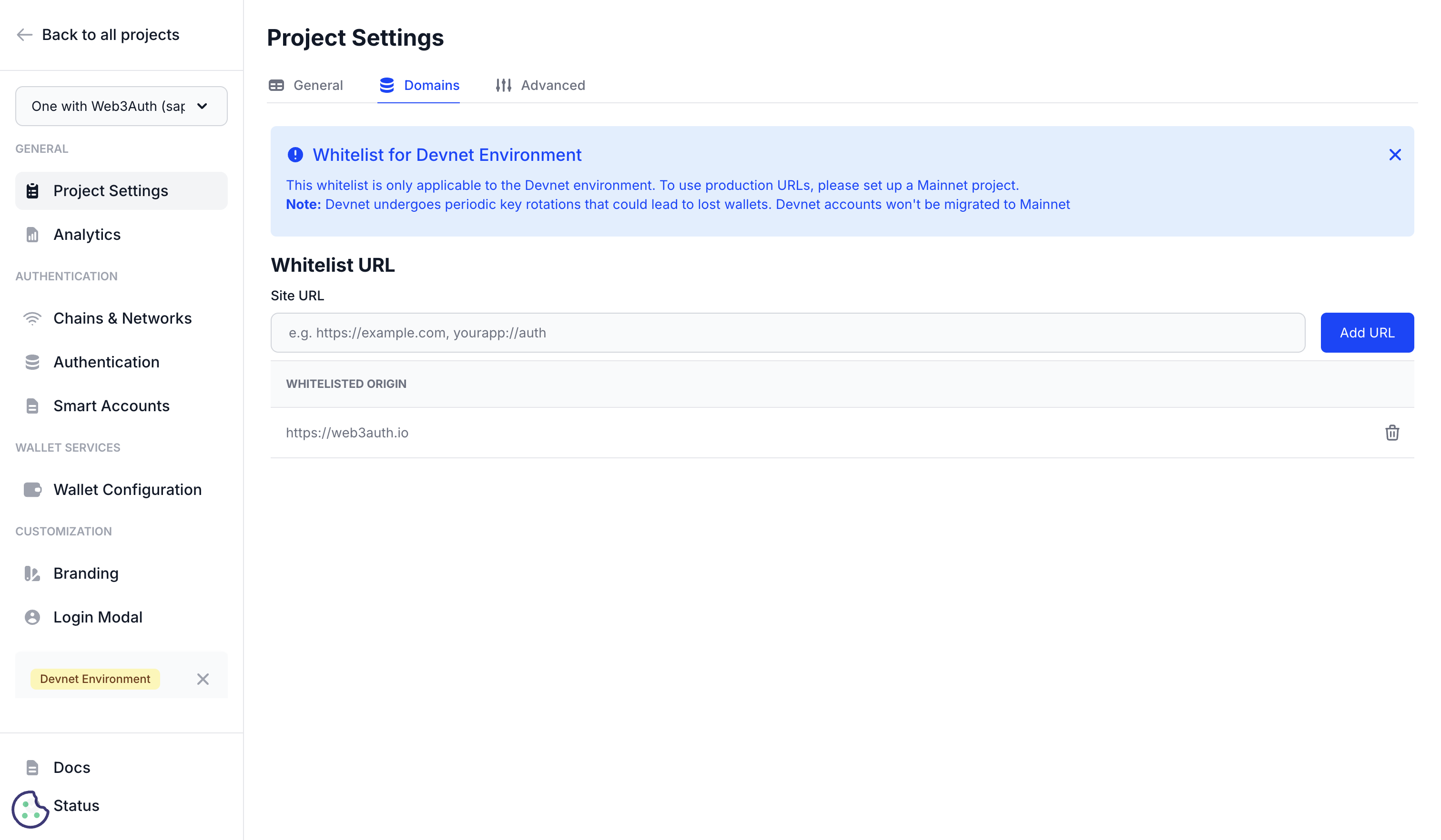Project Settings Domains